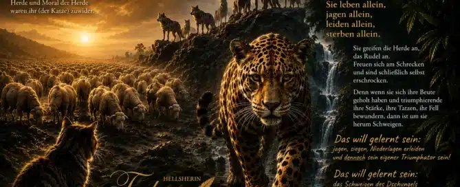 Ein majestätischer Jaguar zwischen Schafherde und Wolfsrudel im goldenen Licht als Symbol für das Schweigen des Dschungels und wahre Stärke. Authorin: Hellseherin Tedora