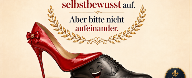 Weltfrauentag Gedanke von Hellseherin tedora: Frauentag – Elegante rote High Heels treten auf einen lachenden Herrenschuh