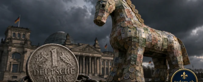 Ein großes Trojanisches Pferd aus Euro-Geldscheinen vor dem Berliner Reichstag, im Vordergrund eine silberne 1-Deutsche-Mark-Münze von 2001 als Rettungsanker unter stürmischem Himmel; erstellt nach kreativen Vorgaben für den Beitrag von Hellseherin Tedora.