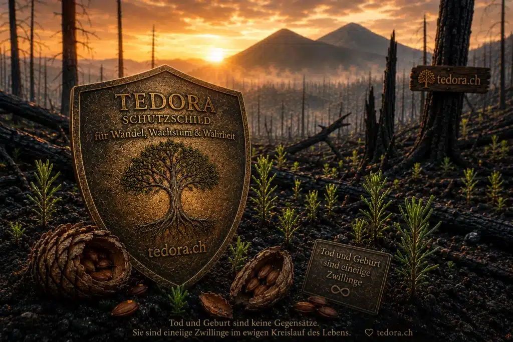Kapitalismus Beitrag: Bronzenes Schutzschild mit der Aufschrift Hellseherin Tedora Schutzschild für Wandel, Wachstum und Wahrheit vor einer Apokalypsen-Landschaft mit keimenden Nadelbäumen und Holzschild tedora.ch