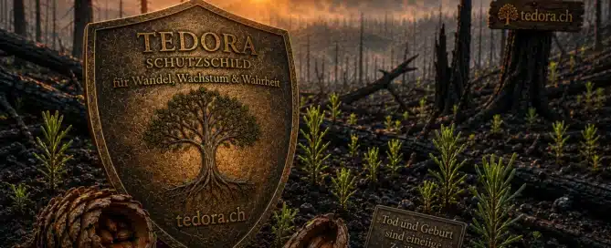 Bronzenes Schutzschild mit der Aufschrift Hellseherin Tedora Schutzschild für Wandel, Wachstum und Wahrheit vor einer Apokalypsen-Landschaft mit keimenden Nadelbäumen und Holzschild tedora.ch
