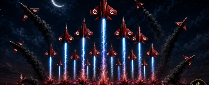 Kunstvolles Gemälde von blutroten Kampfflugzeugen mit kombiniertem Halbmond und Davidstern-Symbol, die aus einem dunklen Meer aufsteigen
