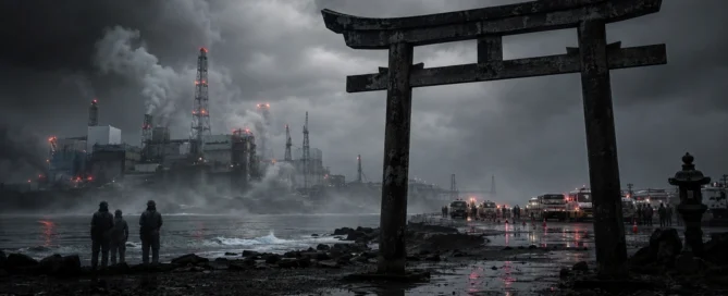 Ein dramatisches Konzeptbild zu Japan: Im Vordergrund steht ein großes, verwittertes Torii-Tor an einer steinigen Küste, während im Hintergrund ein rauchendes Atomkraftwerk unter einem dunklen Gewitterhimmel zu sehen ist.