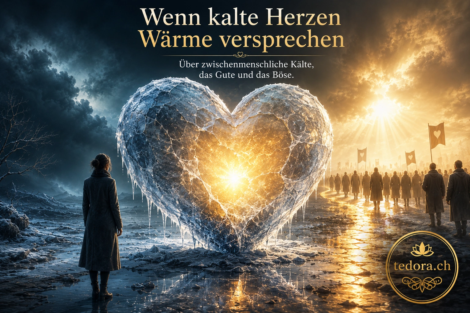 Gefrorenes Herz mit goldenem Licht zwischen dunkler Kälte und heller Hoffnung Adorno – Hellseherin Tedora