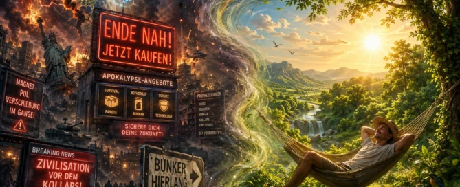 Surreales Gemälde zweigeteilt zwischen apokalyptischem Chaos und friedlichem Naturparadies als Kritik an der Weltuntergangs-Industrie von Hellseherin Tedora