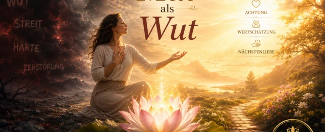 Eine friedliche Frau sitzt im goldenen Licht neben einer leuchtenden Lotusblüte. Symbole für Mut, Wut, Achtung, Wertschätzung und Nächstenliebe.