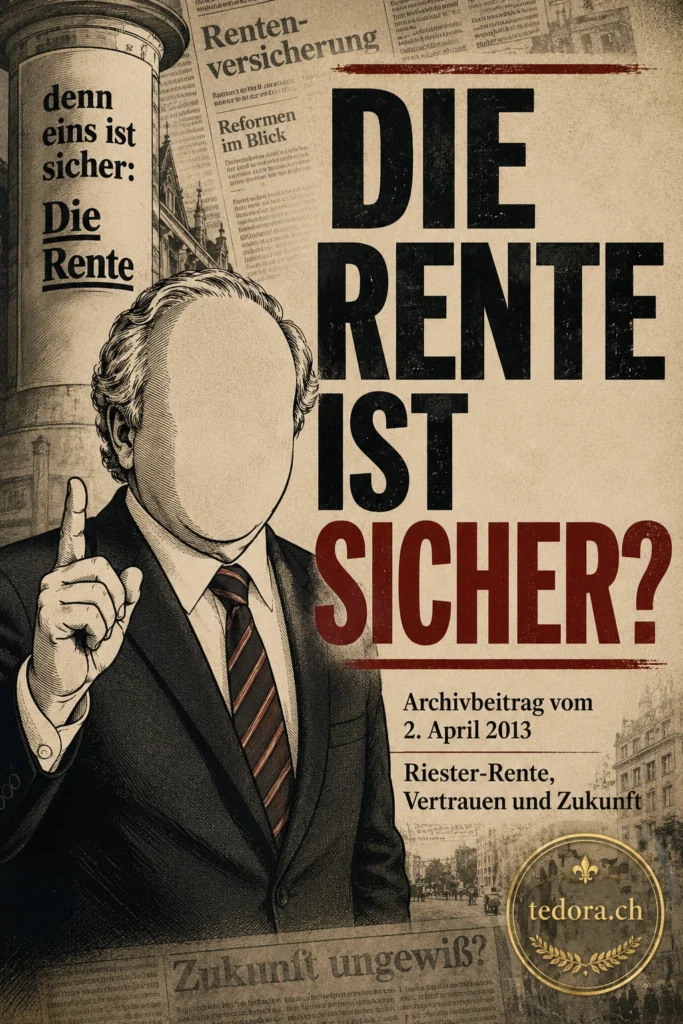 Karikatur zur Riester-Rente mit gesichtsloser Politikerfigur und dem Text „Die Rente ist sicher?“