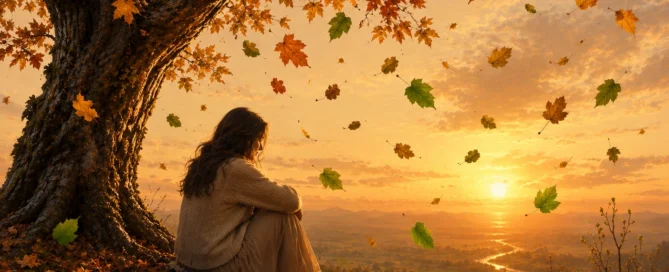Eine nachdenkliche Frau sitzt unter einem großen herbstlichen Baum bei Sonnenuntergang und blickt auf fallende goldene und leuchtend grüne Blätter. Thema Bäume und Menschen.