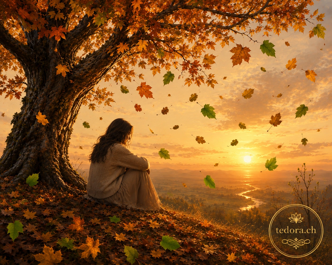 Eine nachdenkliche Frau sitzt unter einem großen herbstlichen Baum bei Sonnenuntergang und blickt auf fallende goldene und leuchtend grüne Blätter. Thema Bäume und Menschen.