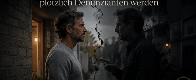 wei Männer stehen sich auf einer nächtlichen Straße gegenüber, getrennt durch einen vertikalen, dunklen Riss im Bild. Links ein Mann im hellen Pullover vor einem beleuchteten Hauseingang, rechts ein Mann im Schatten, der anklagend mit dem Finger deutet. Über ihnen steht der Text "Wenn aus friedlichen Nachbarn plötzlich Denunzianten werden"