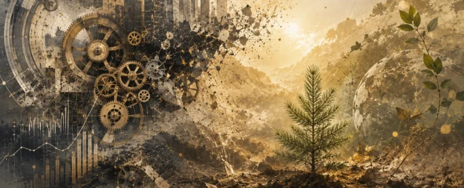 Kapitalismus: Kollaps kapitalistischer Systeme und Rettungspakete: Eine moderne Skyline und Zahnräder zerbrechen, während ein neuer Nadelbaum aus rissiger Erde wächst.