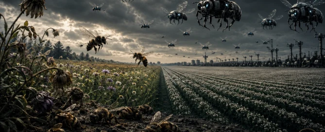 Ein dramatisches Bild zum Bienensterben nach den kreativen Vorgaben von Hellseherin Tedora: Links sterben reale Bienen auf vertrockneten Blumen, während rechts mechanische Roboter-Bienen über ein industrielles Feld fliegen.