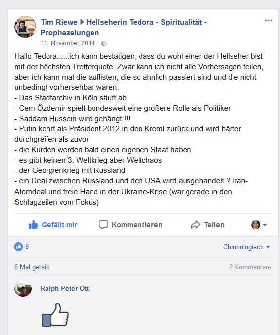 Hellseherin Facebook Referenz für Hellseherin Tedora von Tim Riewe zu eingetroffenen Prophezeiungen