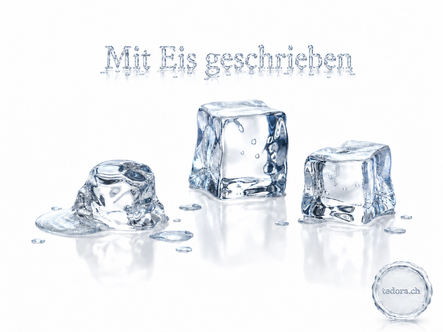 Mit Eis geschrieben – ein schönes Tedora Gedicht : Drei teilweise schmelzende Eiswürfel auf glänzend weißem Hintergrund mit dem eisigen Schriftzug „Mit Eis geschrieben“ und einem tedora.ch-Stempel unten rechts.
