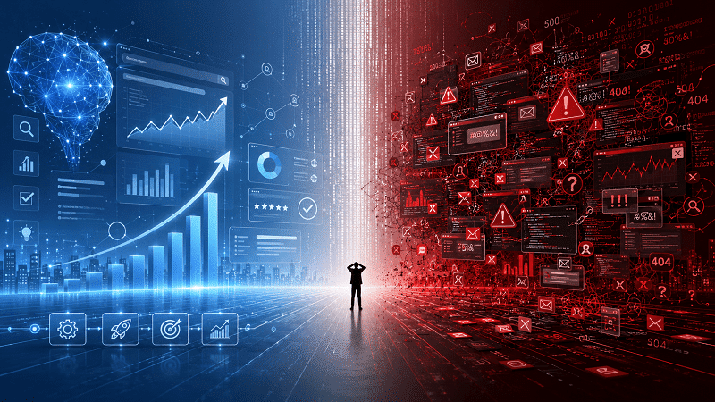 KI in SEO: Mann zwischen digitalem Chaos und strukturierter Inhaltsplanung