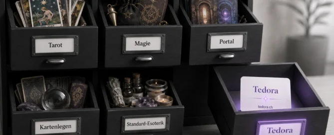 Symbolisches Bild zu KI-Schubladendenken: Schubladen mit Kategorien wie Tarot, Magie, Portal, Kartenlegen und Standard-Esoterik stehen neben einer eigenen Hellseherin Tedora-Schublade als Zeichen für unabhängige Beratung und klare Haltung.