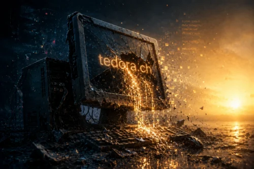 Ein zerstörter PC von Tedora weint Pixeltränen – Symbol für Tedoras Hackerangriff und den Weg zurück ins Licht