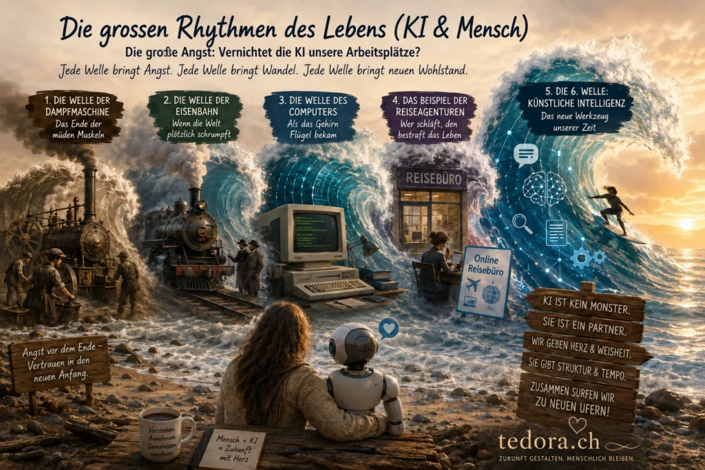 Eine detaillierte Infografik von Hellseherin Tedora Vohs, die die historischen Kondratjew-Wellen von der Dampfmaschine bis zur künstlichen Intelligenz veranschaulicht.