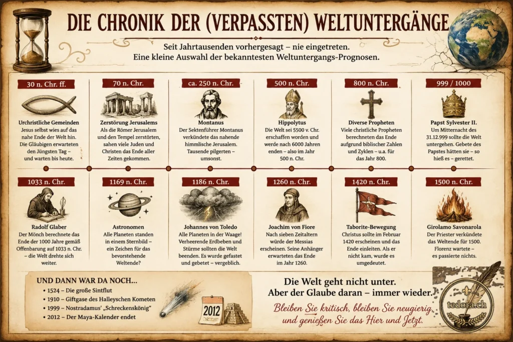 Infografik zur Chronik der verpassten Weltuntergänge von tedora.ch mit historischen Prognosen und Jahreszahlen im Pergament-Stil.