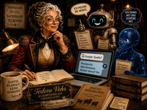 Der KI-Dompteur und seine Assistenten: satirische Illustration von Hellseherin Tedora Vohs mit zwei KI-Assistenten, Chatty und Gemini, im digitalen Studienzimmer.