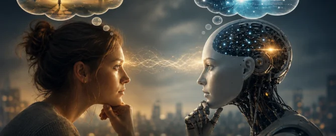 Eine Frau und ein humanoider Roboter blicken sich an. Über ihnen zeigen Gedankenblasen menschliche Illusionen und digitale KI-Muster. Text im Bild: „KI halluziniert. Menschen glauben an ihre Illusionen.