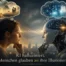 Eine Frau und ein humanoider Roboter blicken sich an. Über ihnen zeigen Gedankenblasen menschliche Illusionen und digitale KI-Muster. Text im Bild: „KI halluziniert. Menschen glauben an ihre Illusionen.