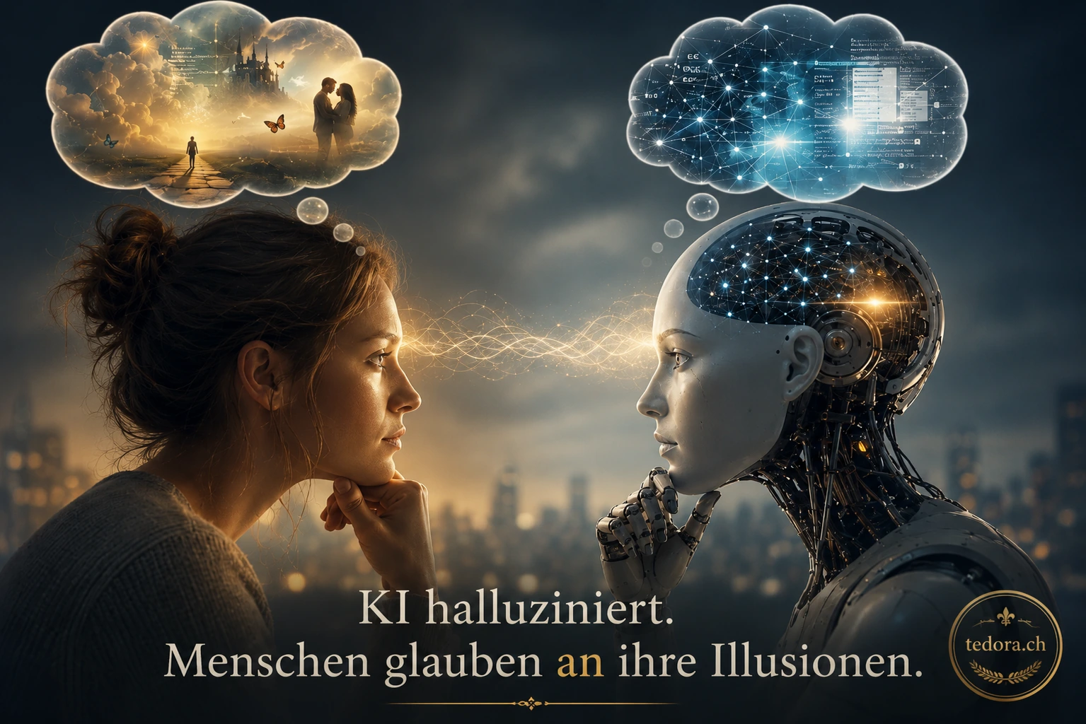 Eine Frau und ein humanoider Roboter blicken sich an. Über ihnen zeigen Gedankenblasen menschliche Illusionen und digitale KI-Muster. Text im Bild: „KI halluziniert. Menschen glauben an ihre Illusionen.