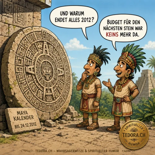 Maya-Kalender-Witz über das Jahr 2012 und das fehlende Budget für einen weiteren Kalenderstein.