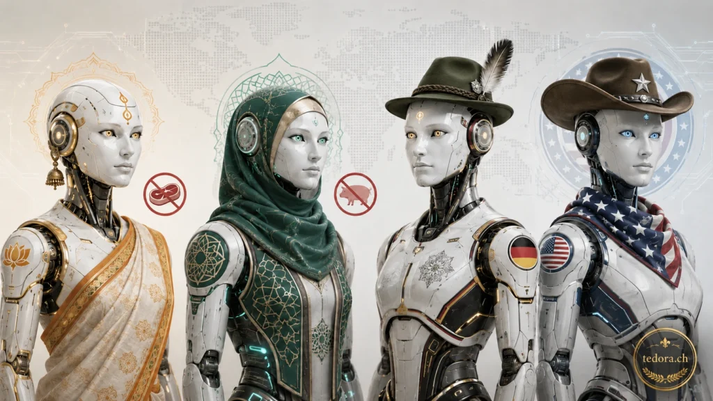 Vier humanoide KIs stehen nebeneinander und tragen kulturell unterschiedliche Kleidung. Symbole für Indien, Islam, Deutschland und die USA zeigen, wie künstliche Intelligenz kulturelle Werte und Regeln widerspiegeln kann.