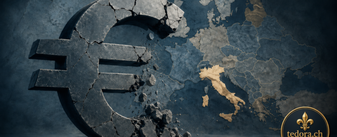 Zerbrechendes Euro-Symbol vor einer Europakarte; Italien ist gold hervorgehoben, unten rechts das Siegel von tedora.ch.
