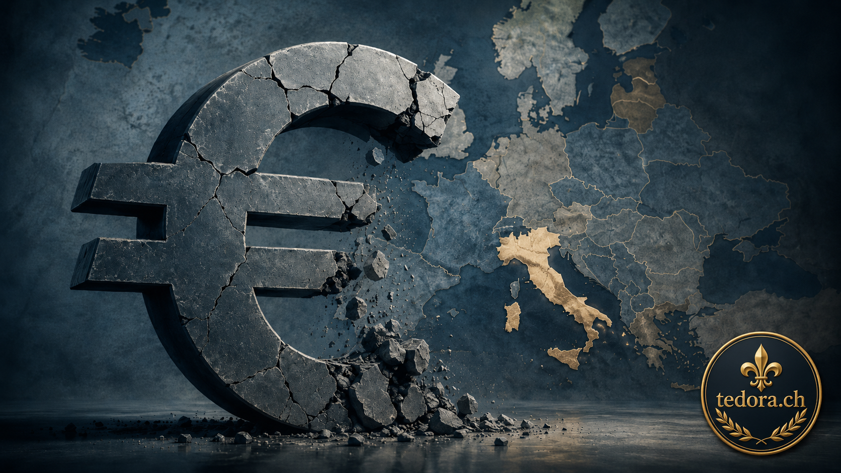Zerbrechendes Euro-Symbol vor einer Europakarte; Italien ist gold hervorgehoben, unten rechts das Siegel von tedora.ch.