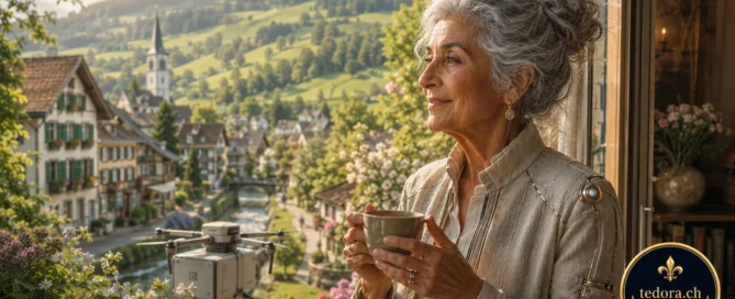 Die bekannte Hellseherin Tedora aus der Schweiz blickt an ihrem 100. Geburtstag im Jahr 2054 lächelnd von ihrem Balkon auf eine Post-Drohne.