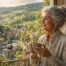 Die bekannte Hellseherin Tedora aus der Schweiz blickt an ihrem 100. Geburtstag im Jahr 2054 lächelnd von ihrem Balkon auf eine Post-Drohne.