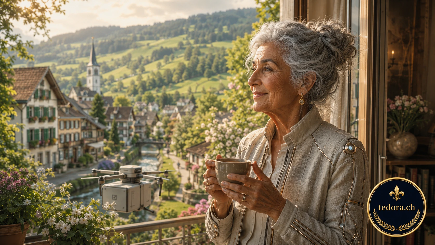 Die bekannte Hellseherin Tedora aus der Schweiz blickt an ihrem 100. Geburtstag im Jahr 2054 lächelnd von ihrem Balkon auf eine Post-Drohne.