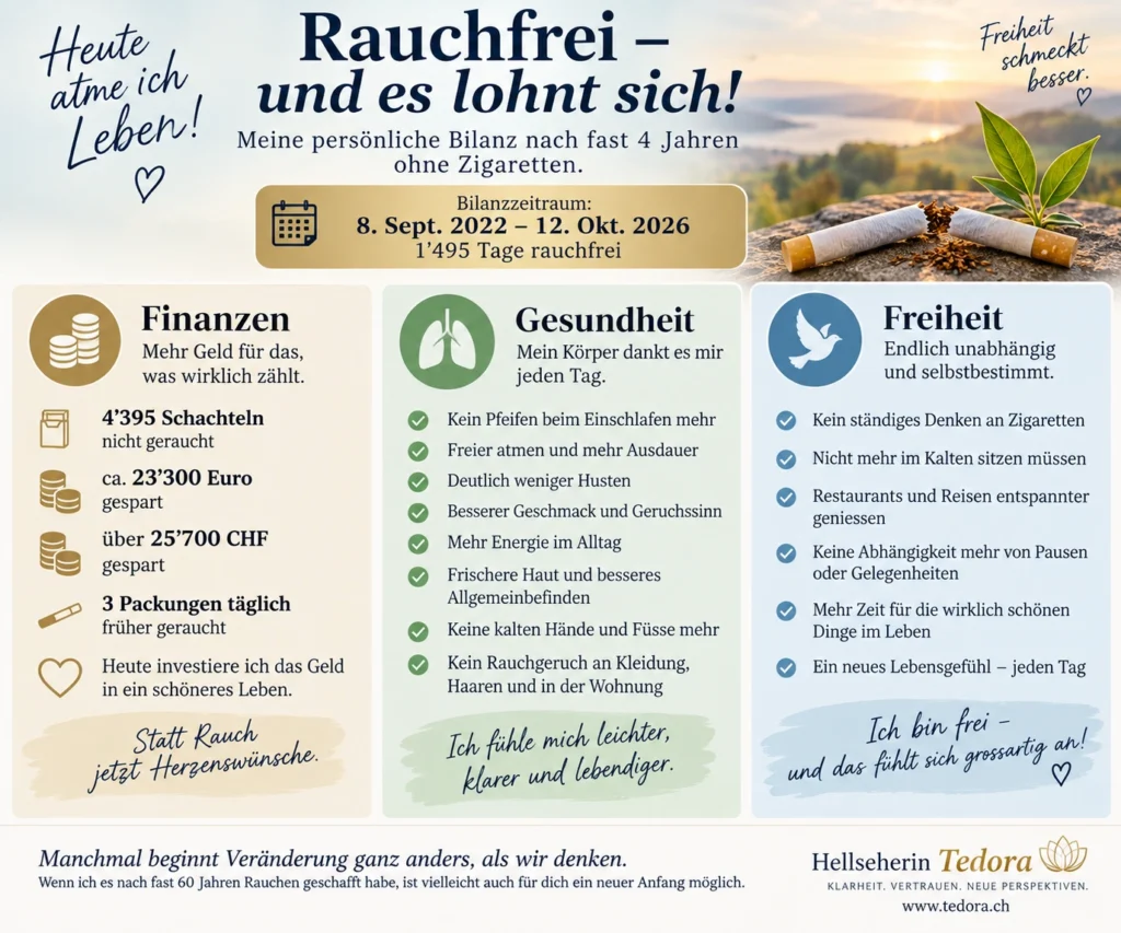 Rauchen aufhören: Persönliche Rauchfrei-Bilanz von Hellseherin Tedora nach fast 4 Jahren ohne Zigaretten mit Ersparnissen und gesundheitlichen Vorteilen.